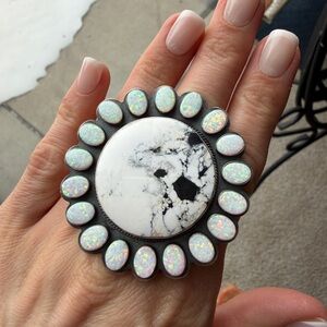 White Buffalo Turquoise and Opal Ring Sterling Silver